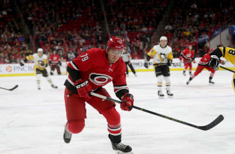 Micheal Ferland #79 of the Carolina Hurricanes skates for position on the ice during an NHL game against the Pittsburgh Penguins on March 19, 2019 at PNC Arena in Raleigh, North Carolina. (Photo by Gregg Forwerck/NHLI via Getty Images)