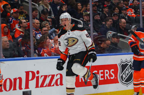 EDMONTON, AB: Anaheim Ducks Defenceman Josh Manson (42) celebrates his goal in the second period during the Edmonton Oilers game versus the Anaheim Ducks game on March 25, 2018. (Photo by Curtis Comeau/Icon Sportswire via Getty Images)