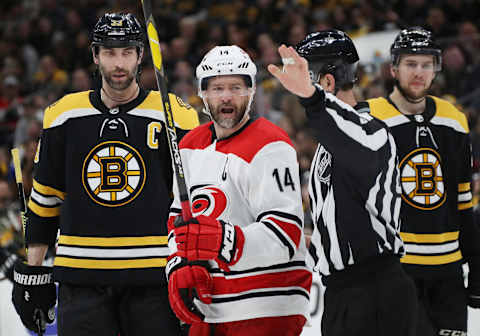 BOSTON, MASSACHUSETTS – MAY 12: Justin Williams #14 of the Carolina Hurricanes reacts during the second period against the Boston Bruins in Game Two of the Eastern Conference Final during the 2019 NHL Stanley Cup Playoffs at TD Garden on May 12, 2019 in Boston, Massachusetts. (Photo by Bruce Bennett/Getty Images)