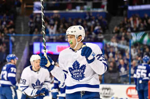 TAMPA, FL – MARCH 20: Toronto Maple Leafs left wing James Van Riemsdyk (25) celebrates his goal during the first period of an NHL game between the Toronto Maple Leafs and the Tampa Bay Lightning on March 20, 2018, at Amalie Arena in Tampa, FL. (Photo by Roy K. Miller/Icon Sportswire via Getty Images)