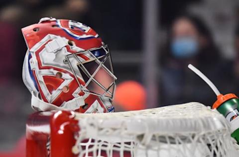 MONTREAL, QC – APRIL 21: The helmet of goaltender Carey Price #31 of the Montreal Canadiens sits on top of the net prior to the start of the first period against the Philadelphia Flyers at Centre Bell on April 21, 2022 in Montreal, Canada. The Philadelphia Flyers defeated the Montreal Canadiens 6-3. (Photo by Minas Panagiotakis/Getty Images)