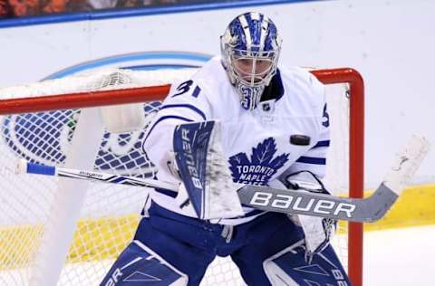 Dec 28, 2016; Sunrise, FL, USA; Toronto Maple Leafs goalie Frederik Andersen (31) makes a save in the first period of a game against the Florida Panthers at BB&T Center. Mandatory Credit: Robert Mayer-USA TODAY Sports