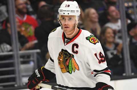 Apr 8, 2017; Los Angeles, CA, USA; Chicago Blackhawks center Jonathan Toews (19) in the second period of the game against the Los Angeles Kings at Staples Center. Mandatory Credit: Jayne Kamin-Oncea-USA TODAY Sports