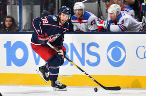 COLUMBUS, OH – NOVEMBER 10: Boone Jenner #38 of the Columbus Blue Jackets skates against the New York Rangers on November 10, 2018 at Nationwide Arena in Columbus, Ohio. (Photo by Jamie Sabau/NHLI via Getty Images)