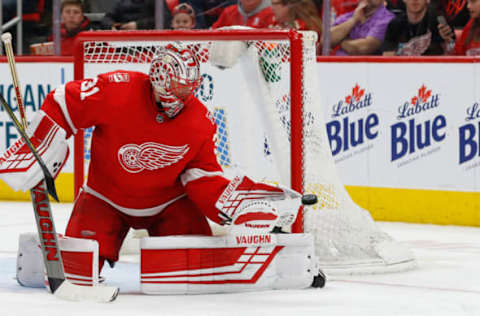 DETROIT, MI: Detroit Red Wings goalie Jared Coreau (31) blocks a shot during a regular season NHL hockey game between the Montreal Canadiens and the Detroit Red Wings on April 5, 2018. (Photo by Scott W. Grau/Icon Sportswire via Getty Images)