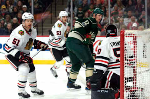 NHL Power Rankings: Minnesota Wild forward Eric Staal (12) takes a shot on Chicago Blackhawks goalie Corey Crawford (50) during the first period at Xcel Energy Center. Mandatory Credit: Marilyn Indahl-USA TODAY Sports