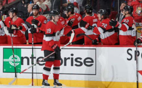 OTTAWA, ON – FEBRUARY 4: Drake Batherson #19 of the Ottawa Senators celebrates his second period goal against the Anaheim Ducks with teammates at the players bench at Canadian Tire Centre on February 4, 2020 in Ottawa, Ontario, Canada. (Photo by Andre Ringuette/NHLI via Getty Images)