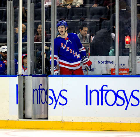 Jan 30, 2022; New York, New York, USA; New York Rangers defenseman Jacob Trouba (8) yells at officials from inside the penalty box after getting called for an infraction during the second period against the Seattle Kraken at Madison Square Garden. Mandatory Credit: Danny Wild-USA TODAY Sports