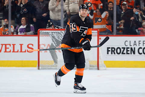 Cam Atkinson of the Philadelphia Flyers looks on after scoring during the third period against the Chicago Blackhawks. (Photo by Tim Nwachukwu/Getty Images)