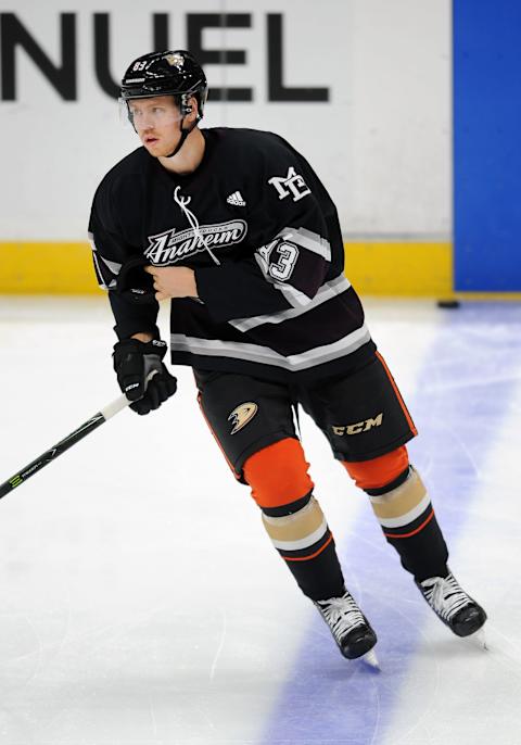 ANAHEIM, CA – NOVEMBER 16: Anaheim Ducks center Kalle Kossila (83) on the ice before a game against the Toronto Maple Leafs played on November 16, 2018 at the Honda Center in Anaheim, CA. (Photo by John Cordes/Icon Sportswire via Getty Images)