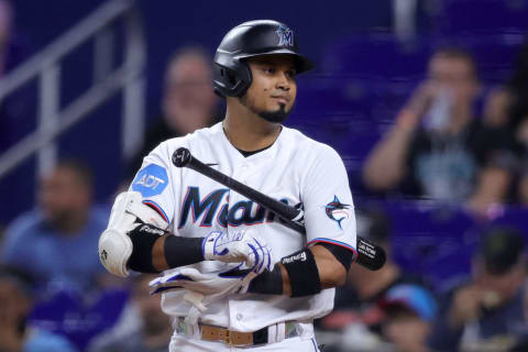 MIAMI, FLORIDA – JUNE 19: Luis Arraez #3 of the Miami Marlins at bat against the Toronto Blue Jays during the first inning at loanDepot park on June 19, 2023 in Miami, Florida. (Photo by Megan Briggs/Getty Images)