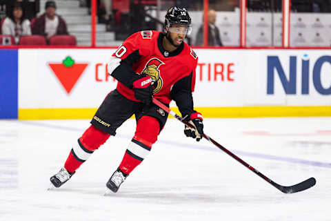 OTTAWA, ON – MARCH 26: Ottawa Senators Left Wing Anthony Duclair (10) applies pressure on the forecheck during first period National Hockey League action between the Buffalo Sabres and Ottawa Senators on March 26, 2019, at Canadian Tire Centre in Ottawa, ON, Canada. (Photo by Richard A. Whittaker/Icon Sportswire via Getty Images)