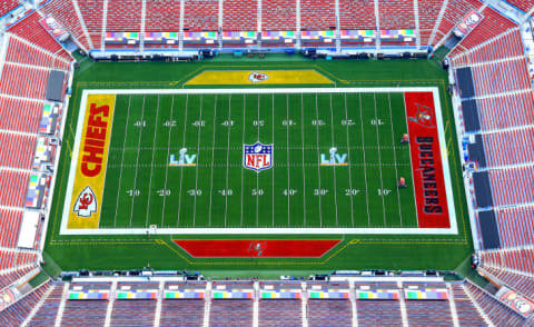 An aerial view of Raymond James Stadium ahead of Super Bowl LV on January 31, 2021 in Tampa, Florida.