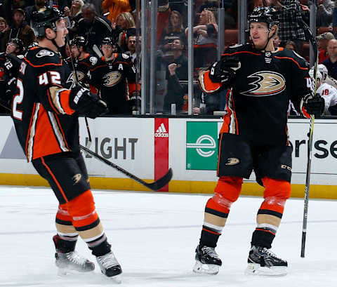 ANAHEIM, CA – MARCH 6: Hampus Lindholm #47 and Josh Manson #42 of the Anaheim Ducks celebrate Lindholm’s goal in the first period during the game against the Washington Capitals on March 6, 2018, at Honda Center in Anaheim, California. (Photo by Debora Robinson/NHLI via Getty Images)