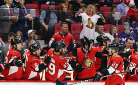 OTTAWA, ON – FEBRUARY 15: Cody Goloubef #29 of the Ottawa Senators celebrates his third period goal with team mates Nikita Zaitsev #22, Dylan DeMelo #2, Scott Sabourin #49 and Nick Paul #13 against the Toronto Maple Leafs at Canadian Tire Centre on February 15, 2020 in Ottawa, Ontario, Canada. (Photo by Jana Chytilova/Freestyle Photography/Getty Images)