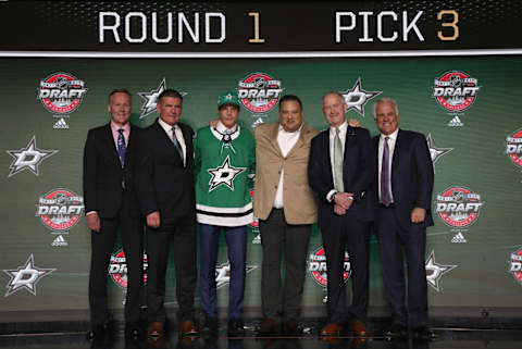 CHICAGO, IL – JUNE 23: (L-R) Director of European scouting Kari Takko, director of amateur scouting Joe McDonnell, third overall pick Miro Heiskanen, owner Tom Gaglardi, general manager Jim Nill and president and CEO James R. Lites of the Dallas Stars pose for a photo onstage during Round One of the 2017 NHL Draft at United Center on June 23, 2017 in Chicago, Illinois. (Photo by Dave Sandford/NHLI via Getty Images)