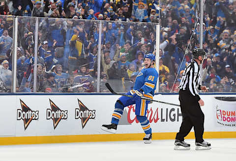 Jan 2, 2017; St. Louis, MO, USA; St. Louis Blues right wing Vladimir Tarasenko (91) celebrates after scoring a goal against the Chicago Blackhawks during the third period in the 2016 Winter Classic ice hockey game at Busch Stadium. Mandatory Credit: Jasen Vinlove-USA TODAY Sports