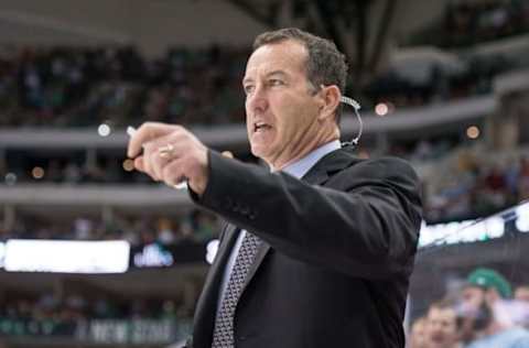 Oct 9, 2014; Dallas, TX, USA; Chicago Blackhawks assistant coach Kevin Dineen during the game against the Dallas Stars at the American Airlines Center. The Blackhawks defeat the Stars 3-2 in the overtime shootout. Mandatory Credit: Jerome Miron-USA TODAY Sports