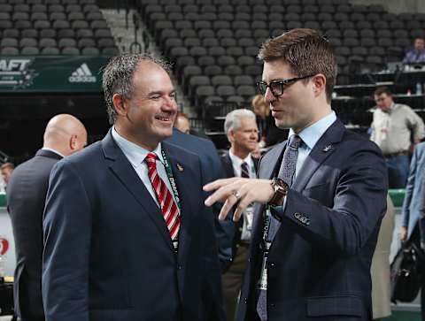 DALLAS, TX – JUNE 23: (l-r) Pierre Dorion and Kyle Dubas attend the 2018 NHL Draft at American Airlines Center on June 23, 2018 in Dallas, Texas. (Photo by Bruce Bennett/Getty Images)