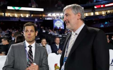 VANCOUVER, BRITISH COLUMBIA – JUNE 21: (L-R) Don Sweeney and Cam Neely of the Boston Bruins attend the first round of the 2019 NHL Draft at Rogers Arena on June 21, 2019 in Vancouver, Canada. (Photo by Bruce Bennett/Getty Images)