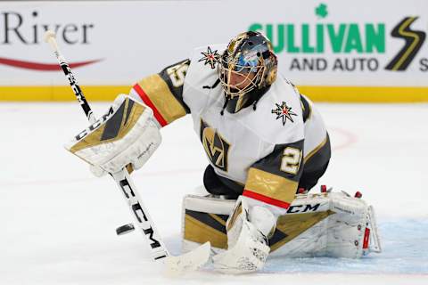 BOSTON, MASSACHUSETTS – JANUARY 21: Marc-Andre Fleury #29 of the Vegas Golden Knights makes a save during the first period of the game against the Boston Bruins at TD Garden on January 21, 2020 in Boston, Massachusetts. (Photo by Maddie Meyer/Getty Images)