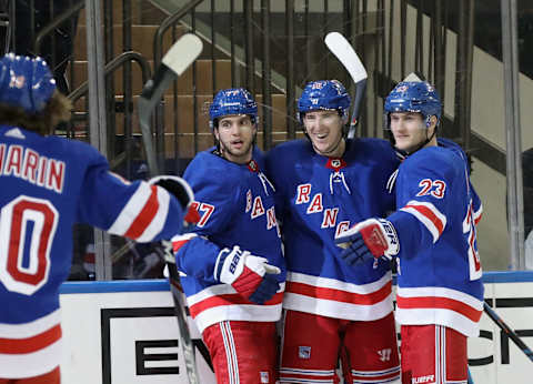 Ryan Strome, Tony DeAngelo & Adam Fox of the New York Rangers (Photo by Bruce Bennett/Getty Images)