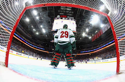 ELMONT, NEW YORK – NOVEMBER 07: Marc-Andre Fleury #29 of the Minnesota Wild skates against the New York Islanders at UBS Arena on November 07, 2023 in Elmont, New York. (Photo by Bruce Bennett/Getty Images)