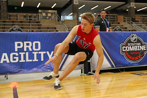 BUFFALO, NY – JUNE 1: Matthew Boldy performs the pro agility test during the 2019 NHL Scouting Combine on June 1, 2019 at Harborcenter in Buffalo, New York. (Photo by Bill Wippert/NHLI via Getty Images)