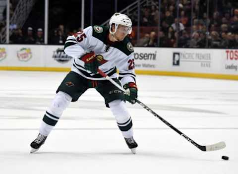 Jan 20, 2016; Anaheim, CA, USA; Minnesota Wild defenseman Jonas Brodin (25) against the Anaheim Ducks during a NHL game at Honda Center. The Ducks defeated the Wild 3-1. Mandatory Credit: Kirby Lee-USA TODAY Sports