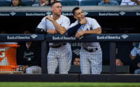 NEW YORK, NY – MAY 30: Giancarlo Stanton #27 and Aaron Judge #99 of the New York Yankees look on during the game against the Houston Astros at Yankee Stadium on Wednesday May 30, 2018 in the Bronx borough of New York City. (Photo by Rob Tringali/SportsChrome/Getty Images)