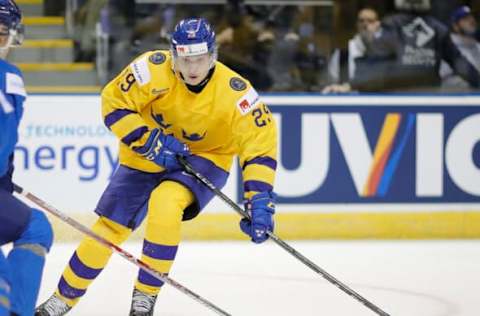 VICTORIA , BC – DECEMBER 31: Pontus Holmberg #29 of Sweden versus Kazakhstan at the IIHF World Junior Championships at the Save-on-Foods Memorial Centre on December 31, 2018 in Victoria, British Columbia, Canada. (Photo by Kevin Light/Getty Images)