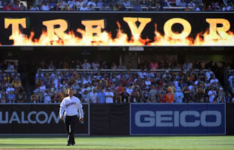 Jul 12, 2016; San Diego, CA, USA; San Diego Padres former closer Trevor Hoffman comes out from the bullpen before the 2016 MLB All Star Game at Petco Park. Mandatory Credit: Kirby Lee-USA TODAY Sports