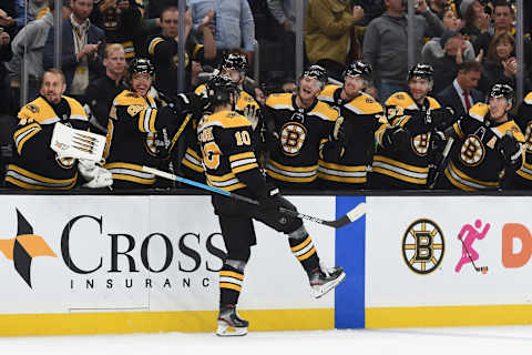 BOSTON, MA – OCTOBER 26: Anders Bjork #10 of the Boston Bruins celebrates his goal against the St. Louis Blues at the TD Garden on October 26, 2019 in Boston, Massachusetts. (Photo by Steve Babineau/NHLI via Getty Images)