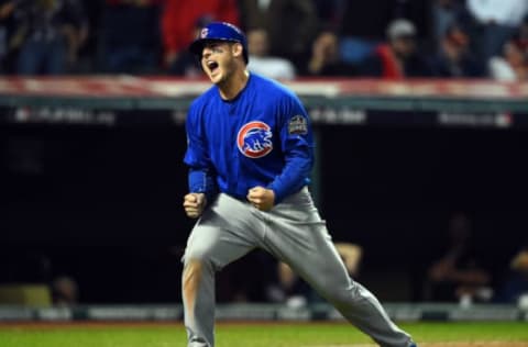 Nov 2, 2016; Cleveland, OH, USA; Chicago Cubs first baseman Anthony Rizzo celebrates after scoring a run against the Cleveland Indians in the 10th inning in game seven of the 2016 World Series at Progressive Field. Mandatory Credit: Tommy Gilligan-USA TODAY Sports