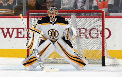 PHILADELPHIA, PA – APRIL 01: Anton Khudobin #35 of the Boston Bruins warms up against the Philadelphia Flyers on April 1, 2018 at the Wells Fargo Center in Philadelphia, Pennsylvania. (Photo by Len Redkoles/NHLI via Getty Images)