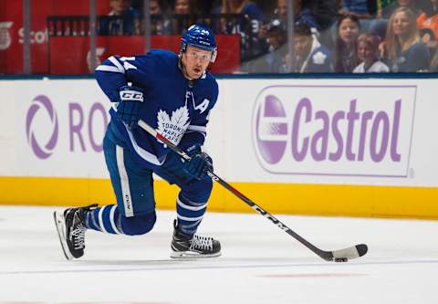 TORONTO, ON – NOVEMBER 24: Morgan Rielly #44 of the Toronto Maple Leafs skates against the Philadelphia Flyers during the first period at the Scotiabank Arena on November 24, 2018 in Toronto, Ontario, Canada. (Photo by Mark Blinch/NHLI via Getty Images)