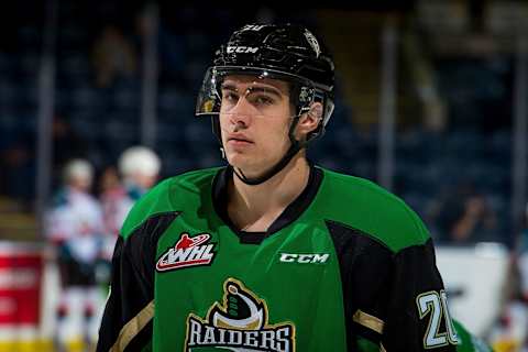 KELOWNA, BC – JANUARY 19: Brett Leason #20 of the Prince Albert Raiders warms up against the Kelowna Rockets at Prospera Place on January 19, 2019 in Kelowna, Canada. (Photo by Marissa Baecker/Getty Images)