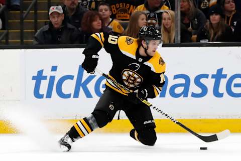 BOSTON, MA – NOVEMBER 11: Boston Bruins right wing Anders Bjork (10) cuts with the puck during a game between the Boston Bruins and the Vegas Golden Knights on November 11, 2018, at TD Garden in Boston, Massachusetts. (Photo by Fred Kfoury III/Icon Sportswire via Getty Images)