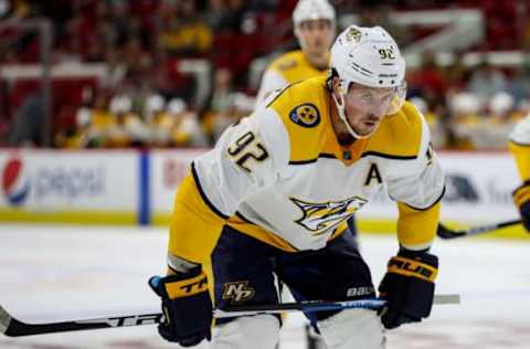 RALEIGH, NC – SEPTEMBER 27: Nashville Predators center Ryan Johansen (92) eyes up to his opponent during an NHL Pre-Season game between the Carolina Hurricanes and the Nashville Predators on September 27, 2019, at the PNC Arena in Raleigh, NC. (Photo by John McCreary/Icon Sportswire via Getty Images)