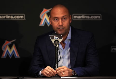 MIAMI, FL – OCTOBER 03: Miami Marlins CEO Derek Jeter speak with members of the media at Marlins Park on October 3, 2017 in Miami, Florida. (Photo by Mike Ehrmann/Getty Images)