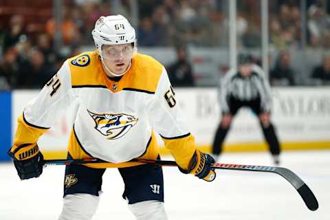 ANAHEIM, CALIFORNIA – MARCH 12: Mikael Granlund #64 of the Nashville Predators  (Photo by Katharine Lotze/Getty Images)