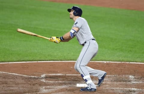 BALTIMORE, MD – SEPTEMBER 22: Evan Longoria #3 of the Tampa Bay Rays takes a swing during a baseball game against the Baltimore Orioles at Oriole Park at Camden Yards on September 22, 2017 in Baltimore, Maryland. The Rays won 8-3. (Photo by Mitchell Layton/Getty Images)