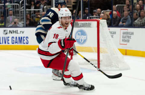 COLUMBUS, OH – OCTOBER 24: Dougie Hamilton #19 of the Carolina Hurricanes celebrates after scoring a goal during game action between the Carolina Hurricanes and the Columbus Blue Jackets on October 24, 2019, at Nationwide Arena in Columbus, OH. (Photo by Adam Lacy/Icon Sportswire via Getty Images)