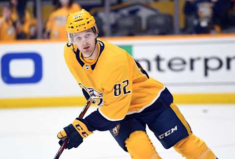 Oct 19, 2021; Nashville, Tennessee, USA; Nashville Predators center Thomas Novak (82) skates before the game against the Los Angeles Kings at Bridgestone Arena. Mandatory Credit: Christopher Hanewinckel-USA TODAY Sports