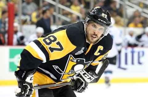 Jun 9, 2016; Pittsburgh, PA, USA; Pittsburgh Penguins center Sidney Crosby (87) in the second period in game five of the 2016 Stanley Cup Final against the San Jose Sharks at Consol Energy Center. Mandatory Credit: Charles LeClaire-USA TODAY Sports