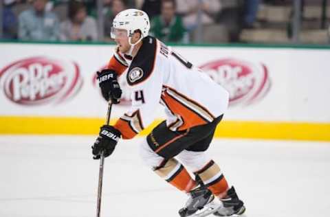 Oct 13, 2016; Dallas, TX, USA; Anaheim Ducks defenseman Cam Fowler (4) in action during the game against the Dallas Stars at the American Airlines Center. The Stars defeat the Ducks 4-2. Mandatory Credit: Jerome Miron-USA TODAY Sports