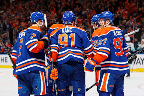 Nov 15, 2023; Edmonton, Alberta, CAN; The Edmonton Oilers celebrate a goal scored by forward Evander Kane (91) during the third period against the Seattle Kraken at Rogers Place. Mandatory Credit: Perry Nelson-USA TODAY Sports