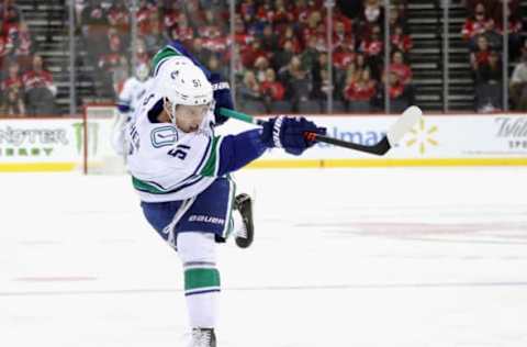 NEWARK, NEW JERSEY – OCTOBER 19: Troy Stecher #51 of the Vancouver Canucks skates against the New Jersey Devils at the Prudential Center on October 19, 2019 in Newark, New Jersey. (Photo by Bruce Bennett/Getty Images)