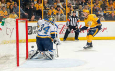 NASHVILLE, TN – FEBRUARY 25: Colton Sissons #10 of the Nashville Predators scores a goal against Jake Allen #34 of the St. Louis Blues during an NHL game at Bridgestone Arena on February 25, 2018 in Nashville, Tennessee. (Photo by John Russell/NHLI via Getty Images)