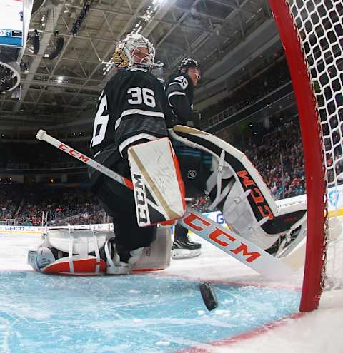 SAN JOSE, CALIFORNIA – JANUARY 26: John Gibson #36 of the Anaheim Ducks gives up a goal skates against the Central Division All-Stars during the 2019 Honda NHL All-Star Game at SAP Center on January 26, 2019, in San Jose, California. (Photo by Bruce Bennett/Getty Images)